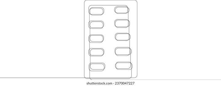 Continuous one line drawing of blister with pills. Minimalist single line style healthcare concept. Vector illustration.