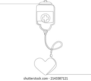 Línea continua de una línea de donación de sangre con la línea que conecta el cuentagotas y el corazón. Ilustración gráfica vectorial de diseño de líneas simples.