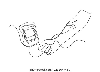 Se inyecta en la mano una línea continua que dibuja el saco de sangre. Concepto del Día Mundial de la Sangre. Ilustración gráfica vectorial de diseño de líneas simples.