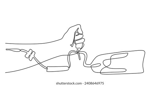 Continuous one line drawing. Blood donation. Hand with blood bag. Medical healthcare charity vector illustration.