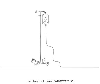 Continuous one line drawing of blood medical bag. One line drawing illustration of iv bag, intravenous bag. Medical equipment concept line art. Editable outline.
