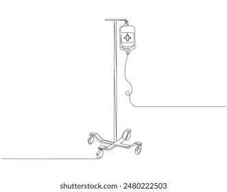 Dibujo continuo de una línea de la bolsa médica de sangre. Ilustración de dibujo de una línea de bolsa iv, bolsa intravenosa. Concepto de equipamiento médico. Esquema editable.
