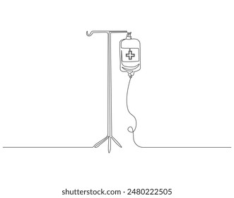 Dibujo continuo de una línea de la bolsa médica de sangre. Ilustración de dibujo de una línea de bolsa iv, bolsa intravenosa. Concepto de equipamiento médico. Esquema editable.
