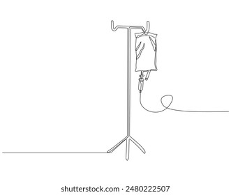 Continuous one line drawing of blood medical bag. One line drawing illustration of iv bag, intravenous bag. Medical equipment concept line art. Editable outline.
