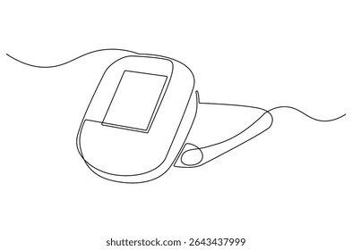 Dibujo continuo de una línea del resultado del examen de presión arterial. Ilustración de dibujo de una sola línea del monitor digital de presión arterial. Arte vectorial de concepto de equipo médico. Ilustración de línea Doodle.