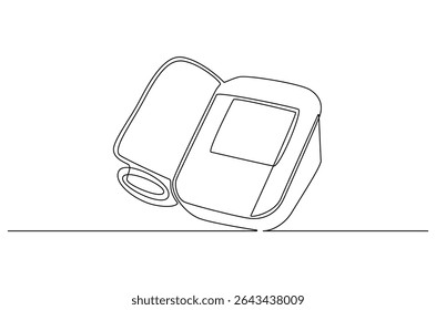 Desenho contínuo de uma linha do resultado do exame de pressão arterial. Ilustração de desenho de linha única do Monitor Digital da Pressão Arterial. Equipamento médico conceito vetor arte. ilustração linha Doodle.
