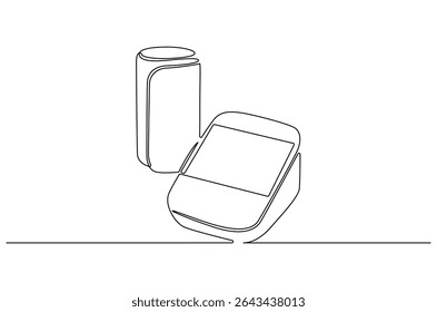 Continuous one line drawing of Blood pressure examination result. Single line drawing illustration of Digital Blood Pressure Monitor. Medical equipment concept vector art. Doodle line illustration.