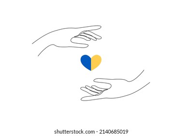 Continuous one line drawing of blue yellow heart between two hands. Simple sketch of two hands for logo, tattoo, print. Vector art