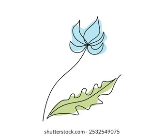 Continuous one line drawing of blue flower with green Leaf isolated on white background. Line art. Concept of nature, ecology, organic shapes, Floral Design, Botanical Art, Natural Beauty