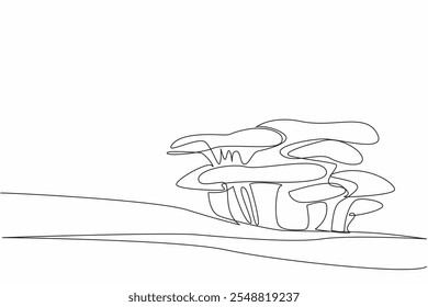 Continuous one line drawing blue hat oyster mushroom on mossy tree trunk. As additional ingredient in cooking. Adding flavor to broth. Day of the Mushroom. Single line draw design vector illustration