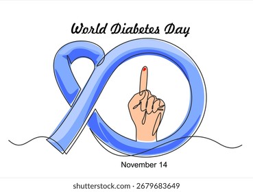 Dibujo continuo de una línea de cinta azul con gota de sangre roja en la mano. Día mundial de la diabetes. Dibujado a mano un Vector de línea. Trazo editable	