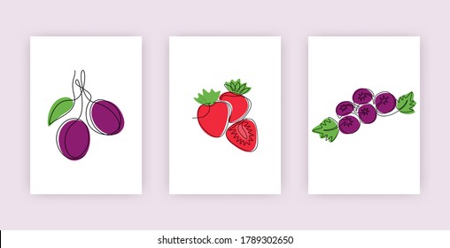 Continuous one line drawing of blueberries plums strawberries. Minimalistic colorful posters with hand drawn fruits and berries in cartoon style. Simple sketch for cards. Vector illustration