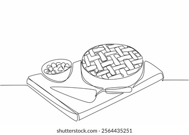 Continuous one line drawing blueberry pie on a square wooden cutting board. A cake spoon is provided to make it easier to eat. National Blueberry Pie Day. Single line draw design vector illustration