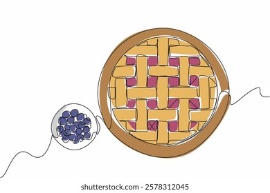 Continuous one line drawing blueberry pie on a round wooden cutting board. Add the deliciousness of fresh berries. Very tasty. National Blueberry Pie Day. Single line draw design vector illustration