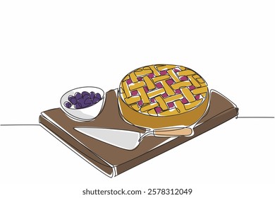 Continuous one line drawing blueberry pie on a square wooden cutting board. A cake spoon is provided to make it easier to eat. National Blueberry Pie Day. Single line draw design vector illustration