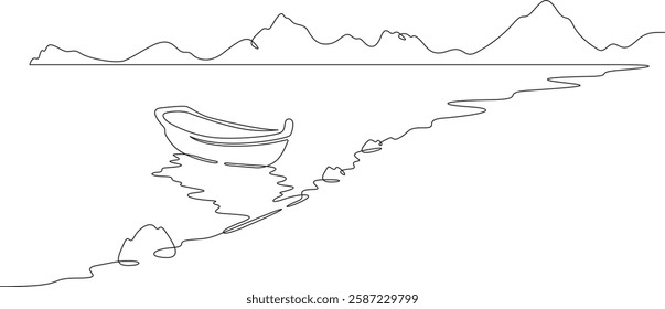 Continuous one line drawing boat near the shore. River landscape. Seashore. One continuous line isolated minimal illustration.Not AI.