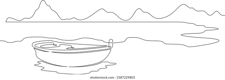 Continuous one line drawing boat near the shore. River landscape. Seashore. One continuous line isolated minimal illustration.Not AI.