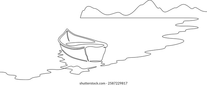 Continuous one line drawing boat near the shore. River landscape. Seashore. One continuous line isolated minimal illustration.Not AI.
