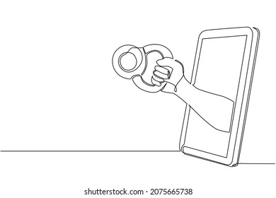 Continuous one line drawing bodybuilder hand holds kettlebell through mobile phone. Smartphone with fitness games app. Mobile sports stream championship. Single line draw design vector illustration