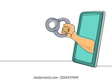 Durchlaufende 1-Linien-Zeichnen Bodybuilder Hand hält kettlebell durch Handy. Smartphone mit Fitness-Games-App. Mobile Sport-Stream-Meisterschaft. Vektorgrafik-Design für einzelne Linien