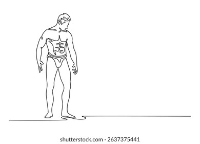 Continuous one line drawing bodybuilder posing in different poses demonstrating their muscles. Male showing muscle straining. Muscular body athlete. Single line draw design vector graphic illustration
