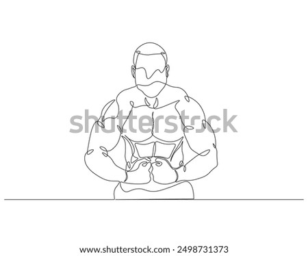Continuous one line drawing of bodybuilder posed. One line drawing illustration of man bodybuilder posed. Fitness center gym concept line art. Editable outline