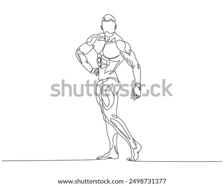 Continuous one line drawing of bodybuilder posed. One line drawing illustration of man bodybuilder posed. Fitness center gym concept line art. Editable outline