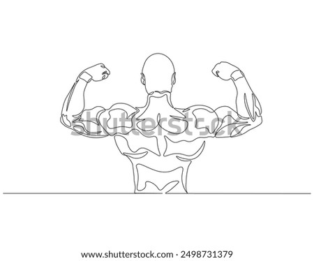 Continuous one line drawing of bodybuilder posed. One line drawing illustration of man bodybuilder posed. Fitness center gym concept line art. Editable outline