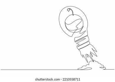 Continuous one line drawing bomb launching with light bulb. Anticipation economic or financial crisis in startup business. Boosting ideas planning strategy. Single line draw design vector illustration