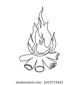 Dibujo continuo de una línea de la hoguera o fogata de la ilustración de un vector de línea única y trazo editable.