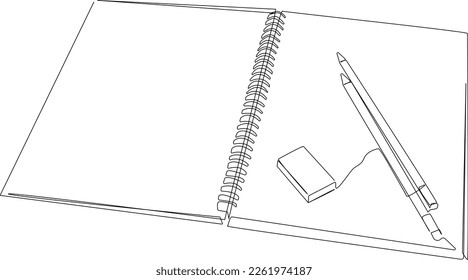 Continuous one line drawing book, pen and eraser. School and office supplies concept. Single line draw design vector graphic illustration.