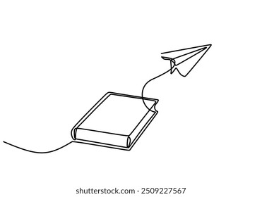 Continuous one line drawing of a book and paper plane. Features a simple design connecting reading and imagination.