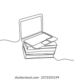 Continuous one line drawing of book and laptop. Education concept. Editable outline vector illustration.