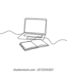 Continuous one line drawing of book and laptop. Education concept. Editable outline vector illustration.