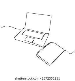 Continuous one line drawing of book and laptop. Education concept. Editable outline vector illustration.