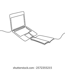 Continuous one line drawing of book and laptop. Education concept. Editable outline vector illustration.