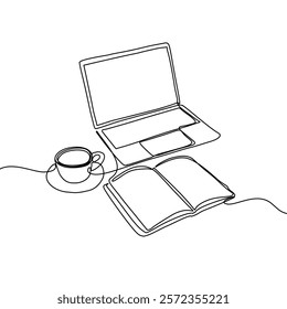 Continuous one line drawing of book and laptop. Education concept. Editable outline vector illustration.
