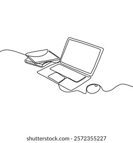 Continuous one line drawing of book and laptop. Education concept. Editable outline vector illustration.