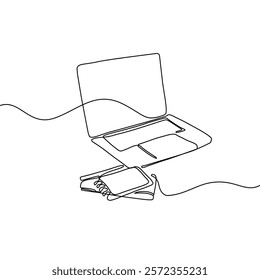 Continuous one line drawing of book and laptop. Education concept. Editable outline vector illustration.