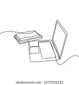 Continuous one line drawing of book and laptop. Education concept. Editable outline vector illustration.