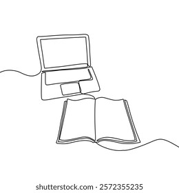 Continuous one line drawing of book and laptop. Education concept. Editable outline vector illustration.