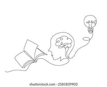 Continuous one line drawing of a book, brain, and light bulb. Concept of learning, knowledge, creativity, and ideas. Minimalist and modern line art.Vector illustration, Editable stroke