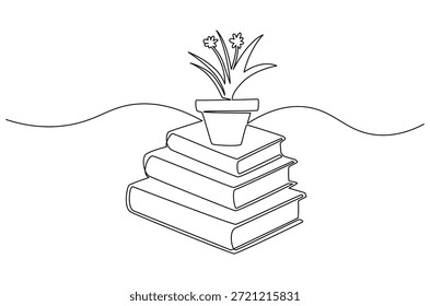 Dibujo continuo de una línea de Libro con flores. Ilustración de dibujo de una sola línea de la flor del pote con la pila de libro. Auto con espacio claro y Arte vectorial de concepto de papelería. Ilustración de línea Doodle.