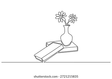 Kontinuierliche einzeilige Zeichnung von Buch mit Blumen. Einzeilige Zeichnung Illustration von Topfblume mit Buchstapel. Selbst mit klarem Raum und Schreibwaren Konzept, Vektorkunst. Doodle Linie Illustration.