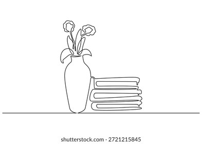 Kontinuierliche einzeilige Zeichnung von Buch mit Blumen. Einzeilige Zeichnung Illustration von Topfblume mit Buchstapel. Selbst mit klarem Raum und Schreibwaren Konzept, Vektorkunst. Doodle Linie Illustration.