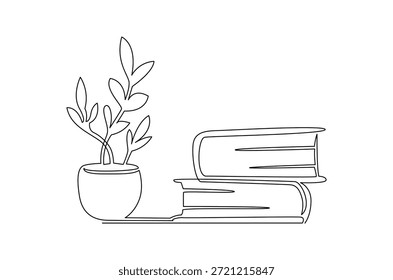 Continuous one line drawing of Book with flowers. Single line drawing illustration of Pot flower with stack of book. Self with clear space and stationery concept vector art. Doodle line illustration.