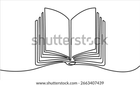 Continuous one line drawing of book opening vector graphic illustration. Education books line art vector illustration, education concept. Open book continuous one line drawing illustration.