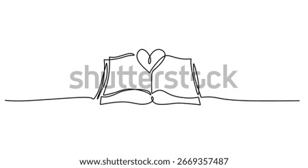 Continuous one line drawing of a book open to a heart. A simple illustration representing emotional growth, education, and mental wellness. Vector illustration with editable stroke.