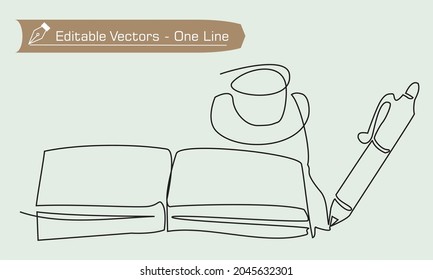 Dibujo continuo de una línea de libros, bolígrafo y taza de café. El colegio está en sesión, apreciando a los profesores, el día del profesor, de vuelta a la escuela, el concepto de negocios y educación. Línea simple de ilustración vectorial.