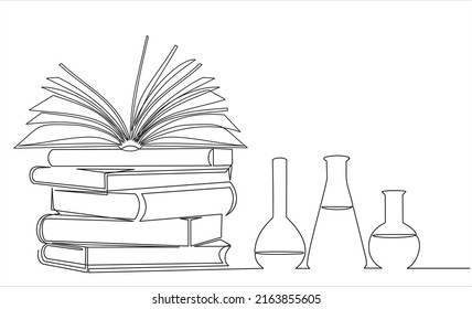 Continuous one line drawing of  books stack and laboratory glassware on white background. Isolated simple line modern graphic style. Hand drawn graphic concept for education